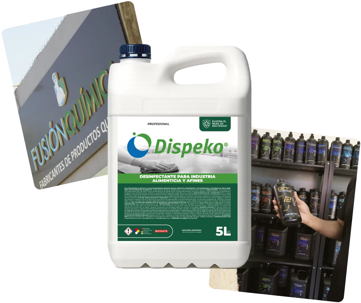 Bidón de desinfectante Dispeko con fotos de un local y de la fábrica de Fusión Química